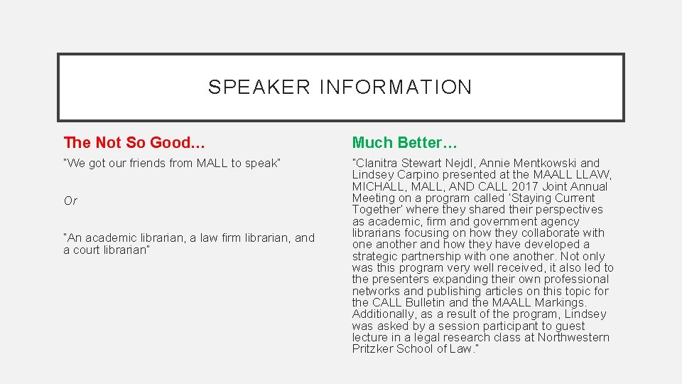 SPEAKER INFORMATION The Not So Good… Much Better… “We got our friends from MALL