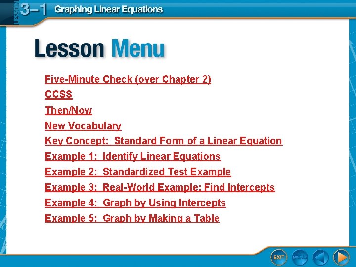 Five-Minute Check (over Chapter 2) CCSS Then/Now New Vocabulary Key Concept: Standard Form of