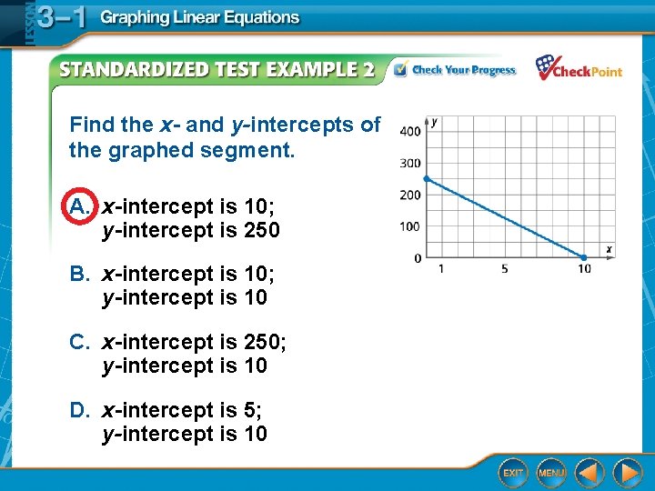 Find the x- and y-intercepts of the graphed segment. A. x-intercept is 10; y-intercept
