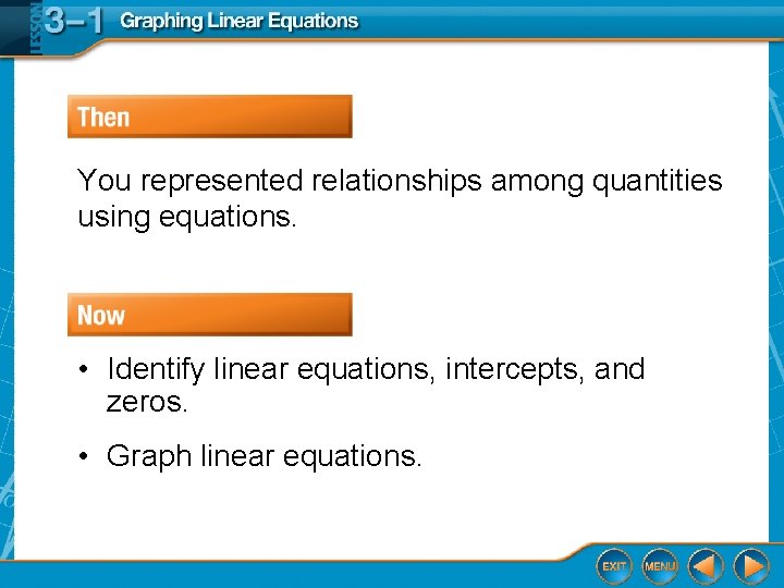 You represented relationships among quantities using equations. • Identify linear equations, intercepts, and zeros.