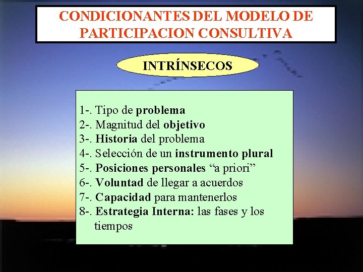CONDICIONANTES DEL MODELO DE PARTICIPACION CONSULTIVA INTRÍNSECOS 1 -. Tipo de problema 2 -.