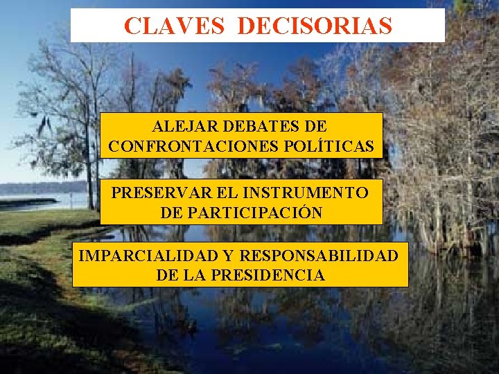 CLAVES DECISORIAS ALEJAR DEBATES DE CONFRONTACIONES POLÍTICAS PRESERVAR EL INSTRUMENTO DE PARTICIPACIÓN IMPARCIALIDAD Y