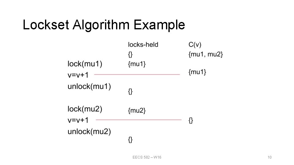 Lockset Algorithm Example EECS 582 – W 16 10 