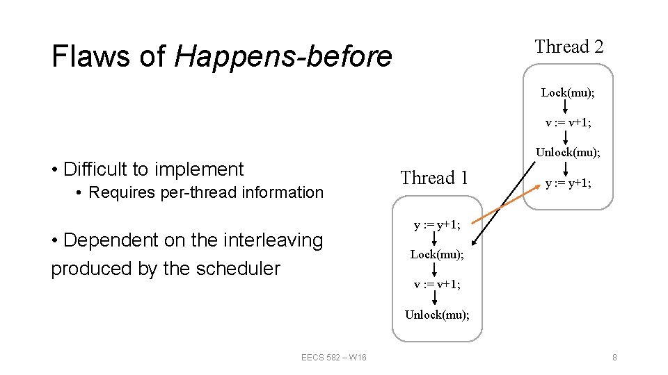 Thread 2 Flaws of Happens-before Lock(mu); v : = v+1; Unlock(mu); • Difficult to