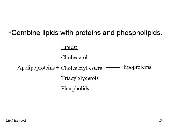  • Combine lipids with proteins and phospholipids. Lipids: Cholesterol Apolipoproteins + Cholesteryl esters