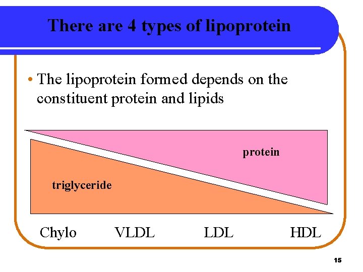 There are 4 types of lipoprotein • The lipoprotein formed depends on the constituent