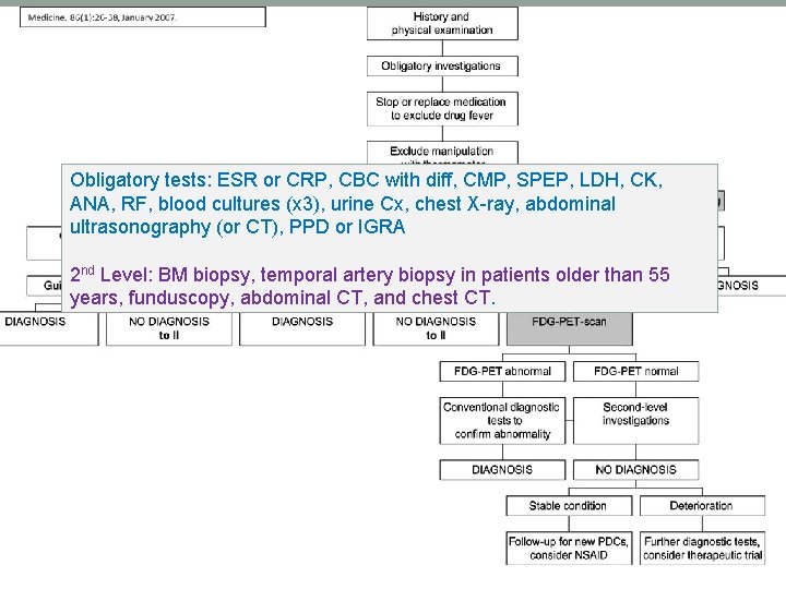 Obligatory tests: ESR or CRP, CBC with diff, CMP, SPEP, LDH, CK, ANA, RF,