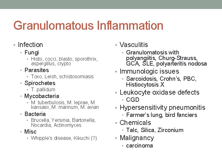 Granulomatous Inflammation • Infection • Fungi • Histo, cocci, blasto, sporothrix, aspergillus, crypto •