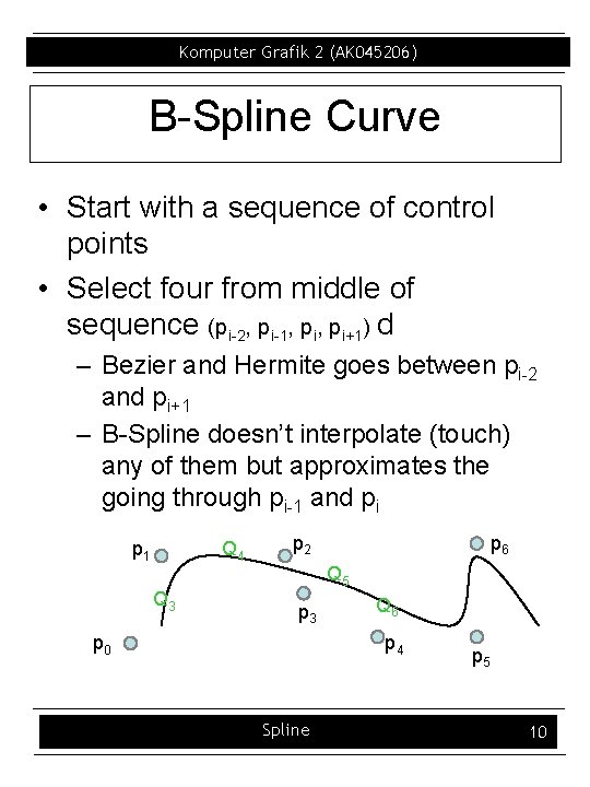 Komputer Grafik 2 (AK 045206) B Spline Curve • Start with a sequence of