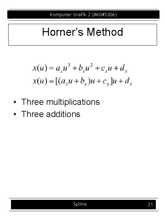 Komputer Grafik 2 (AK 045206) Horner’s Method • Three multiplications • Three additions Spline