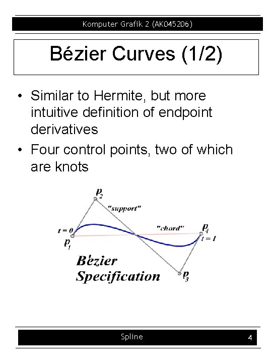 Komputer Grafik 2 (AK 045206) Bézier Curves (1/2) • Similar to Hermite, but more