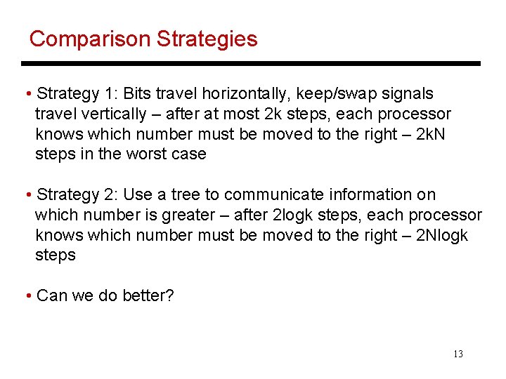 Comparison Strategies • Strategy 1: Bits travel horizontally, keep/swap signals travel vertically – after