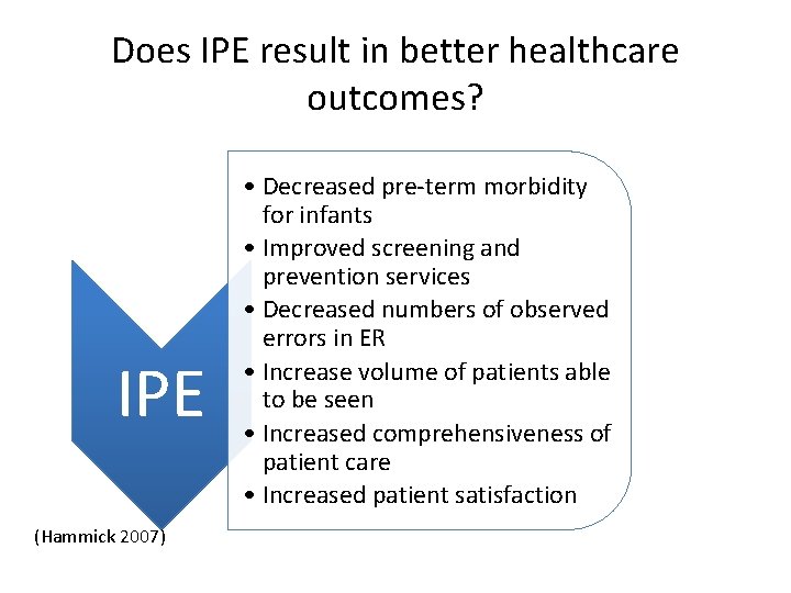 Does IPE result in better healthcare outcomes? IPE (Hammick 2007) • Decreased pre-term morbidity