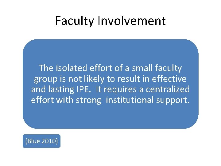 Faculty Involvement The isolated effort of a small faculty group is not likely to
