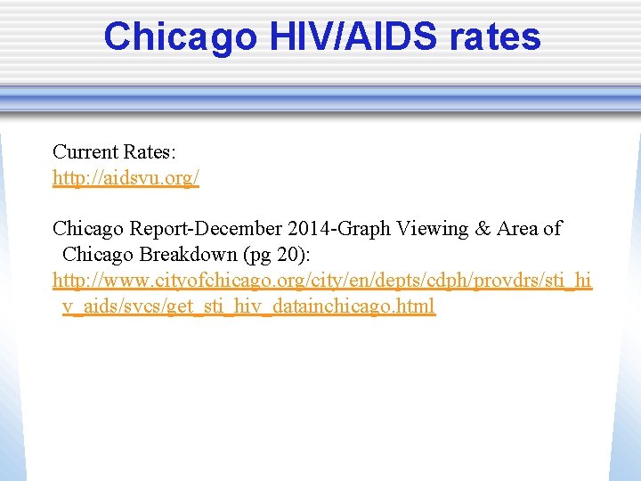 Chicago HIV/AIDS rates Current Rates: http: //aidsvu. org/ Chicago Report-December 2014 -Graph Viewing &