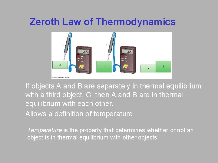 Zeroth Law of Thermodynamics If objects A and B are separately in thermal equilibrium