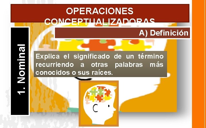 OPERACIONES CONCEPTUALIZADORAS 1. Nominal A) Definición Explica el significado de un término recurriendo a