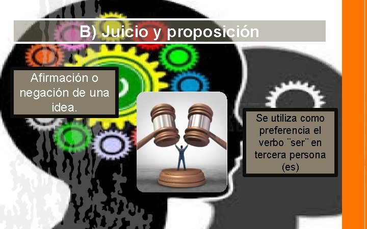 B) Juicio y proposición Afirmación o negación de una idea. Se utiliza como preferencia