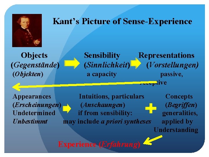 Kant’s Picture of Sense-Experience Objects (Gegenstände) (Objekten) Sensibility (Sinnlichkeit) a capacity Representations (Vorstellungen) passive,