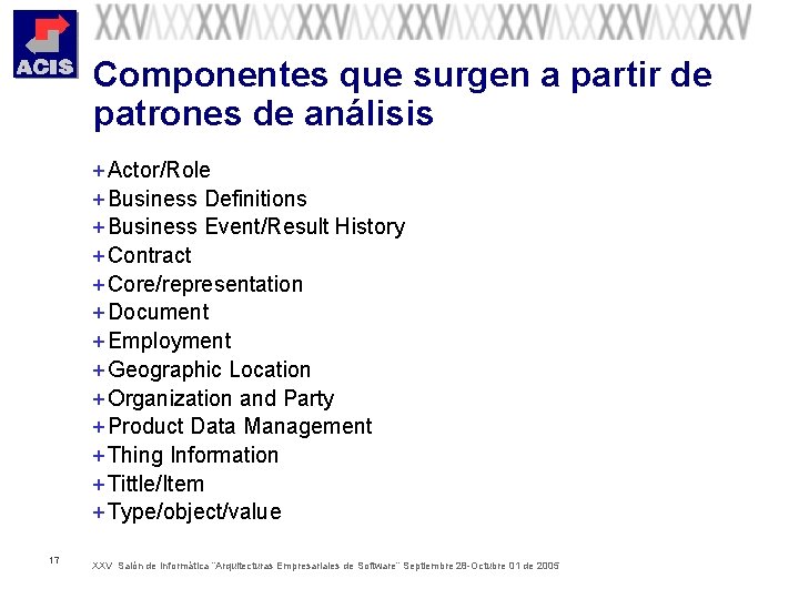 Componentes que surgen a partir de patrones de análisis + Actor/Role + Business Definitions