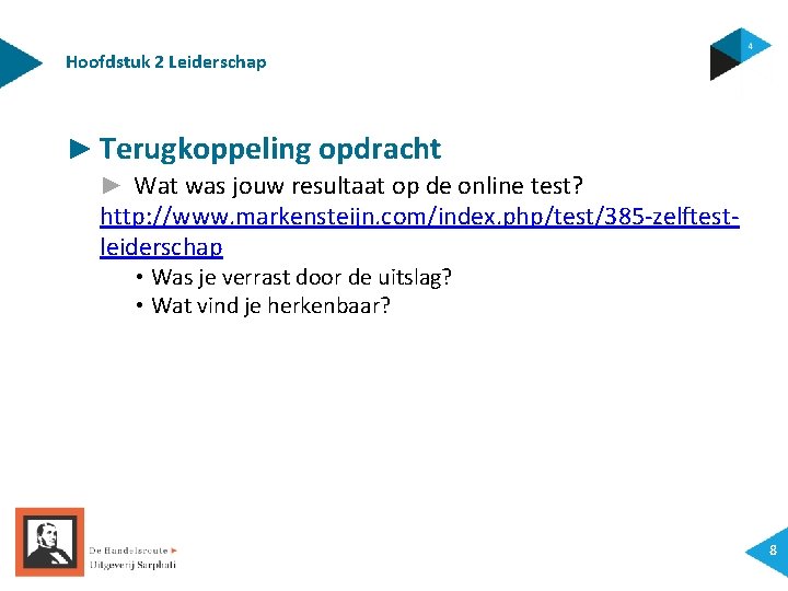 Hoofdstuk 2 Leiderschap ► Terugkoppeling opdracht ► Wat was jouw resultaat op de online