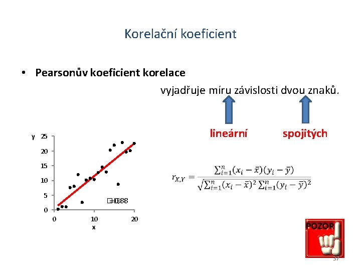 Korelační koeficient • Pearsonův koeficient korelace vyjadřuje míru závislosti dvou znaků. lineární y 25