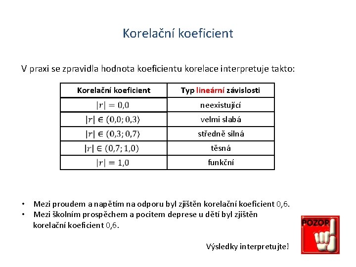 Korelační koeficient V praxi se zpravidla hodnota koeficientu korelace interpretuje takto: Korelační koeficient Typ