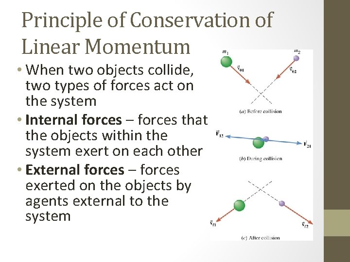 Principle of Conservation of Linear Momentum • When two objects collide, two types of