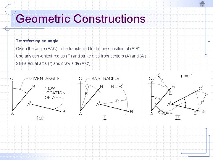 Geometric Constructions Transferring an angle Given the angle (BAC) to be transferred to the