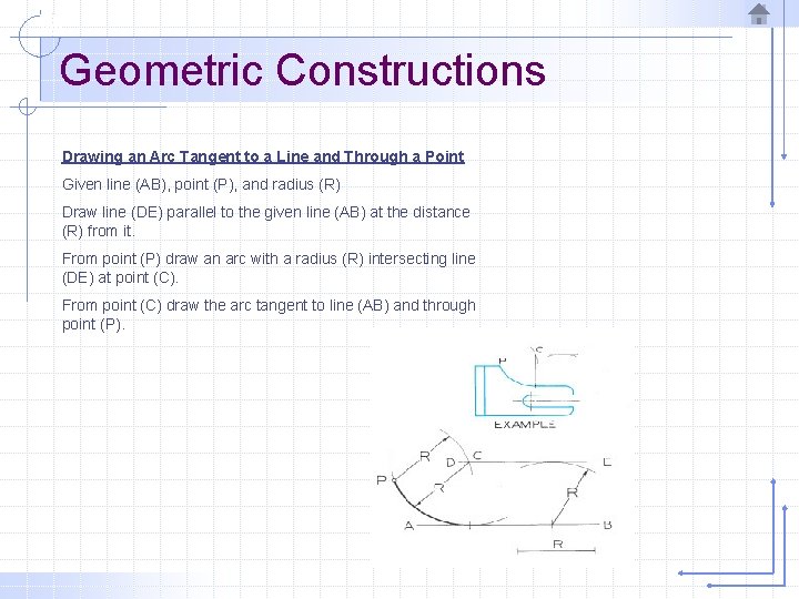 Geometric Constructions Drawing an Arc Tangent to a Line and Through a Point Given