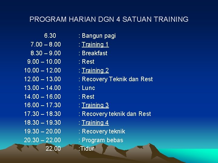 PROGRAM HARIAN DGN 4 SATUAN TRAINING 6. 30 7. 00 – 8. 00 8.
