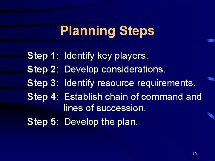 Planning Steps Step 1: Step 2: Step 3: Step 4: Identify key players. Develop