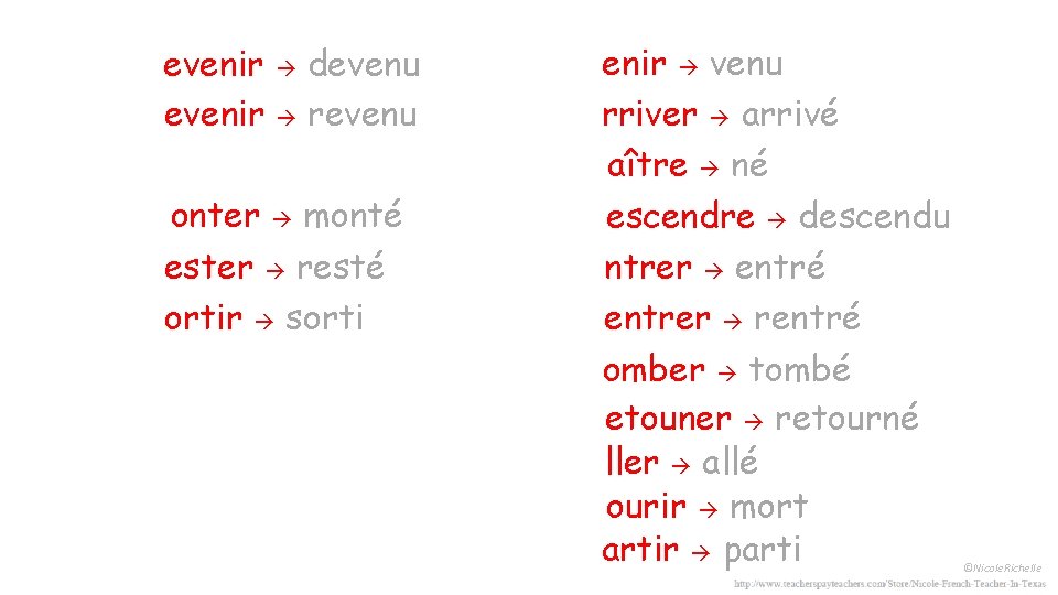 evenir devenu evenir revenu onter monté ester resté ortir sorti enir venu rriver arrivé