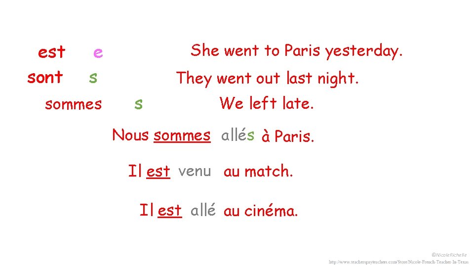 est sont e s sommes She went to Paris yesterday. They went out last