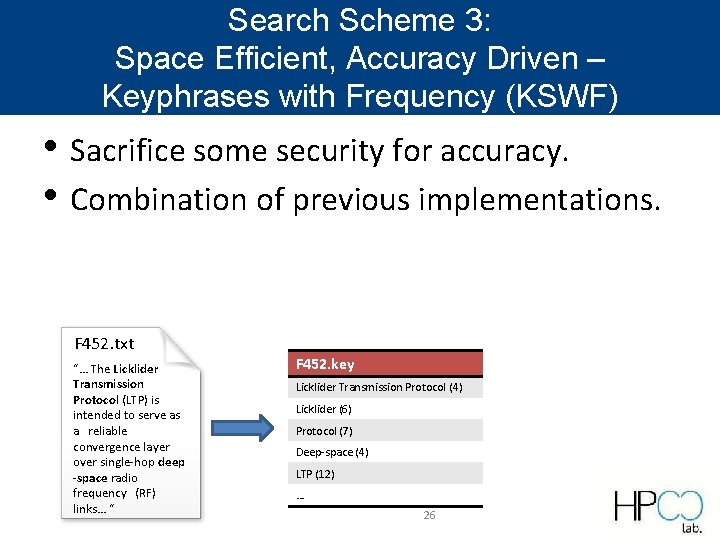 Search Scheme 3: Space Efficient, Accuracy Driven – Keyphrases with Frequency (KSWF) • Sacrifice Search Scheme 3: Space Efficient, Accuracy Driven – Keyphrases with Frequency (KSWF) • Sacrifice
