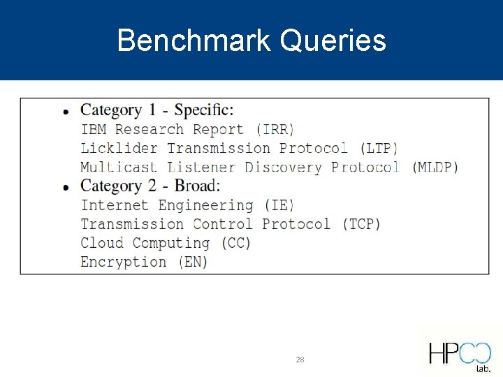 Benchmark Queries 28 Benchmark Queries 28
