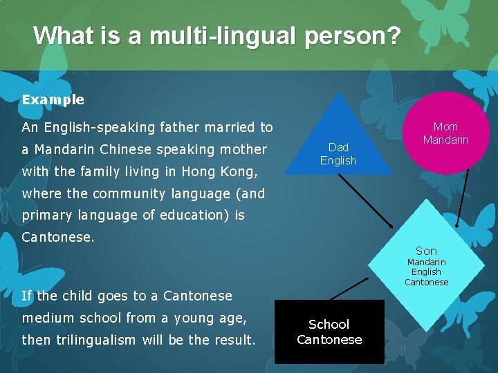 What is a multi-lingual person? Example An English-speaking father married to a Mandarin Chinese