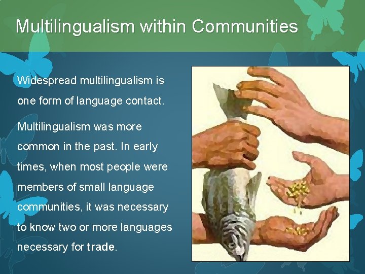 Multilingualism within Communities Widespread multilingualism is one form of language contact. Multilingualism was more