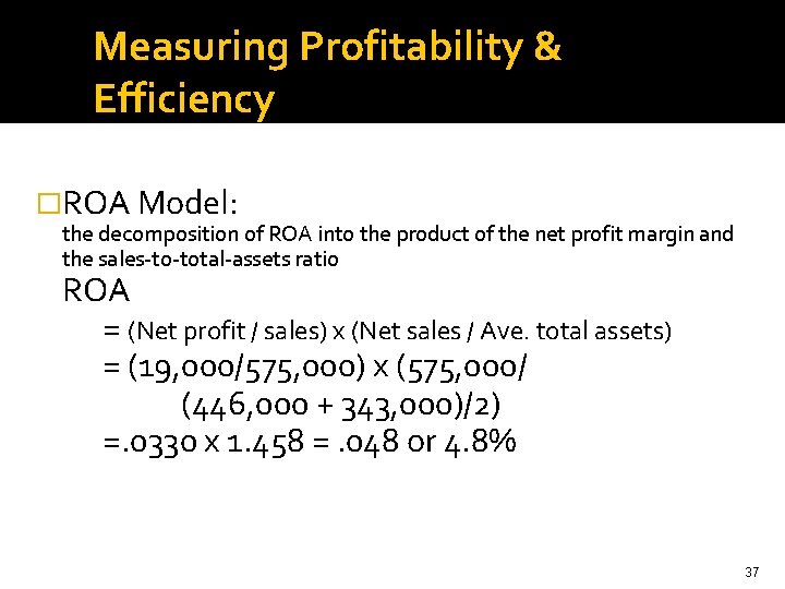 Measuring Profitability & Efficiency �ROA Model: the decomposition of ROA into the product of