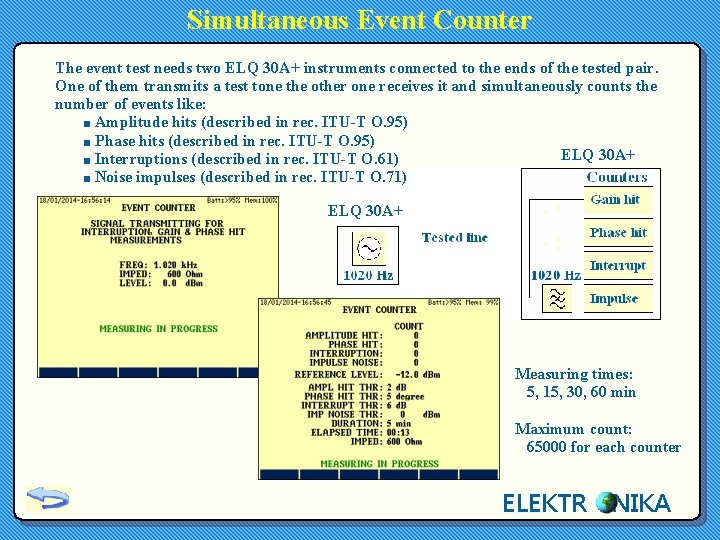 Simultaneous Event Counter The event test needs two ELQ 30 A+ instruments connected to