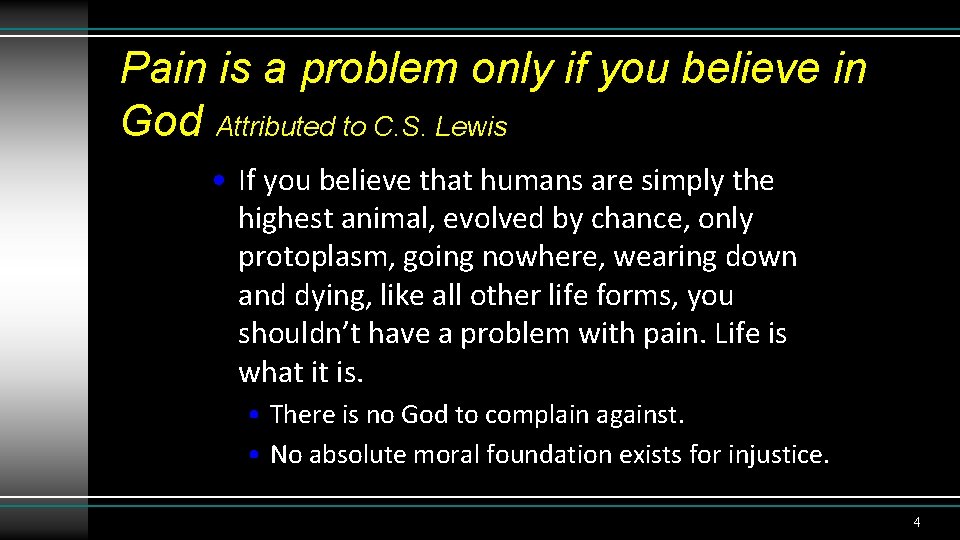 Pain is a problem only if you believe in God Attributed to C. S.