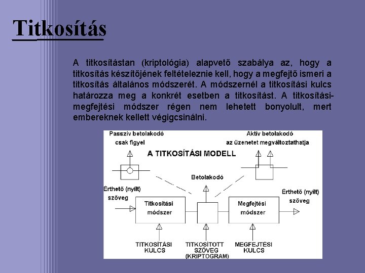 Titkosítás A titkosítástan (kriptológia) alapvető szabálya az, hogy a titkosítás készítőjének feltételeznie kell, hogy