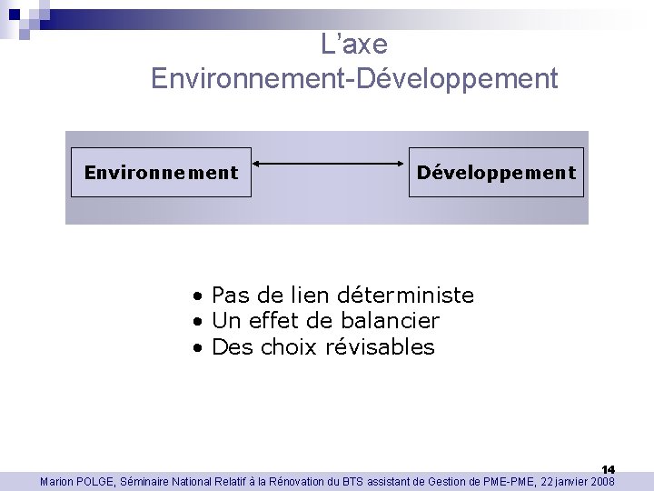 L’axe Environnement-Développement Environnement Développement • Pas de lien déterministe • Un effet de balancier