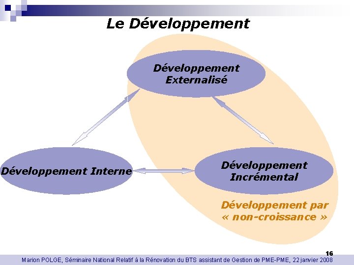 Le Développement Externalisé Développement Interne Développement Incrémental Développement par « non-croissance » 16 Marion