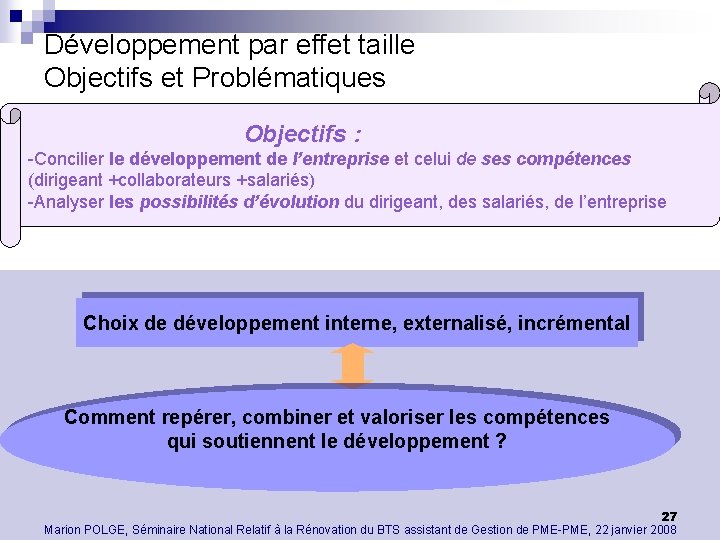 Développement par effet taille Objectifs et Problématiques Objectifs : -Concilier le développement de l’entreprise