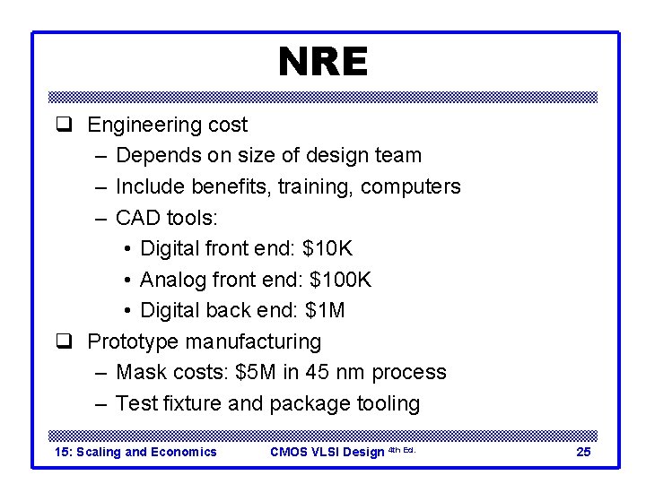 NRE q Engineering cost – Depends on size of design team – Include benefits,
