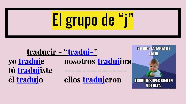 El grupo de “j” traducir - “traduj-” yo traduje nosotros tradujimos tú tradujiste --------él