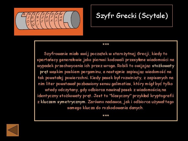 Szyfr Grecki (Scytale) *** Szyfrowanie miało swój początek w starożytnej Grecji, kiedy to spartańscy