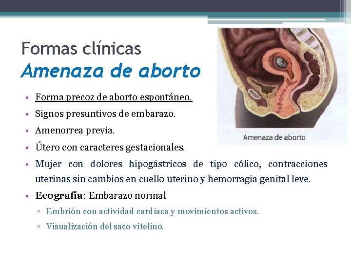 Formas clínicas Amenaza de aborto • Forma precoz de aborto espontáneo. • Signos presuntivos