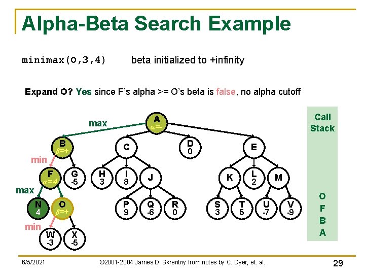 Alpha-Beta Search Example beta initialized to +infinity minimax(O, 3, 4) Expand O? Yes since